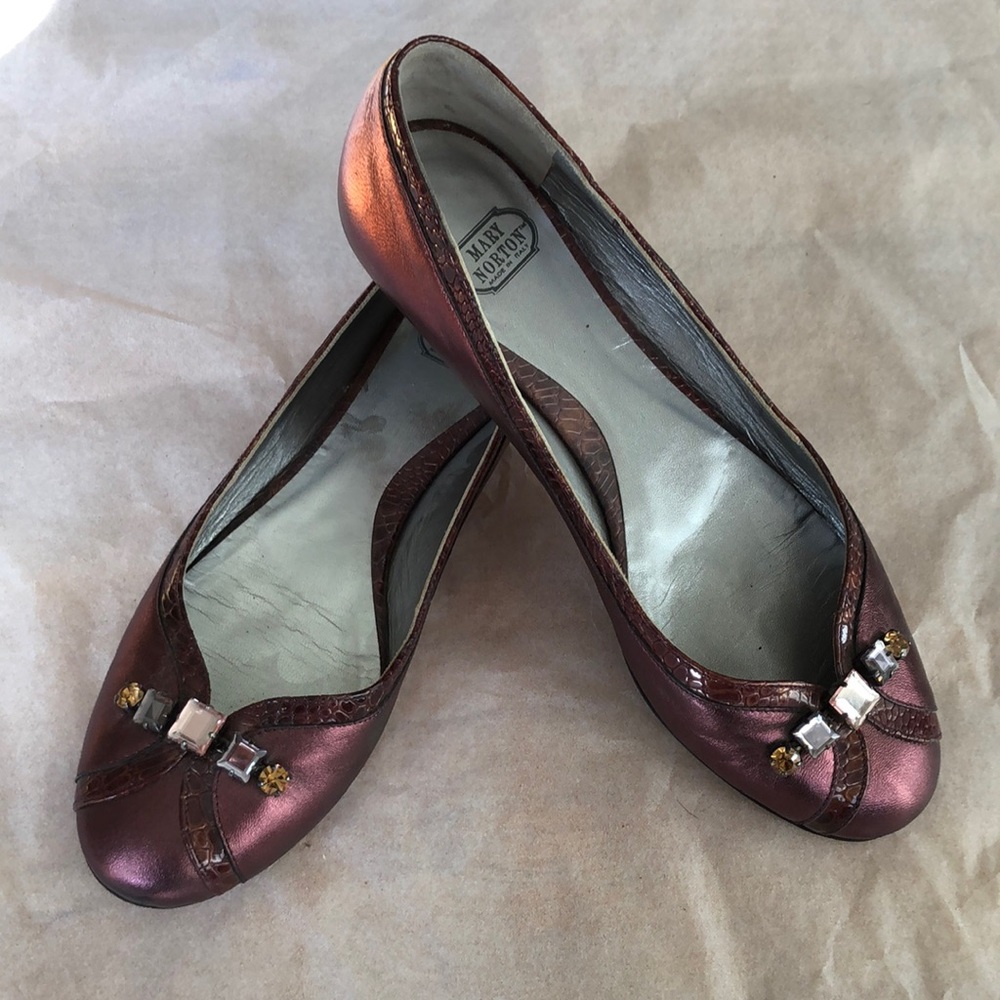 Mary Norton Plum Leather Rhinestone Ballet Flats Women’s Shoes Sz 37 7 Moo Roo